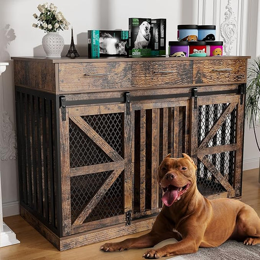 48'' Dog Crate Furniture with Removable Divider & Storage Drawers, Wooden Double Dog Cage TV Stand with 2 Sliding Barn Doors, Multi-Functional Dog Crate End Table for Indoor use (Retro Brown)-PawvioPets