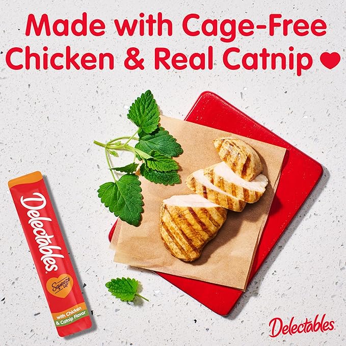 Delectables Squeeze Up Creamy Squeezable Puree, Lickable Wet Cat Treats, Grain Free, No Added Fillers, No By-Products, No Added Preservatives, 0.5 Ounces Tube Chicken with Catnip, 32 Tubes Total-PawvioPets