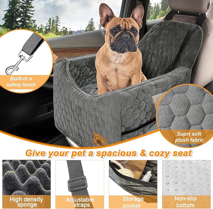 Dog Car Seat for Small/Medium Dogs, Memory Foam Dog Booster Seat, Travel Safety Per Car Seat with Washable Removable Cover, Storage Pockets for Dogs up to 35 lbs(Gray)-PawvioPets