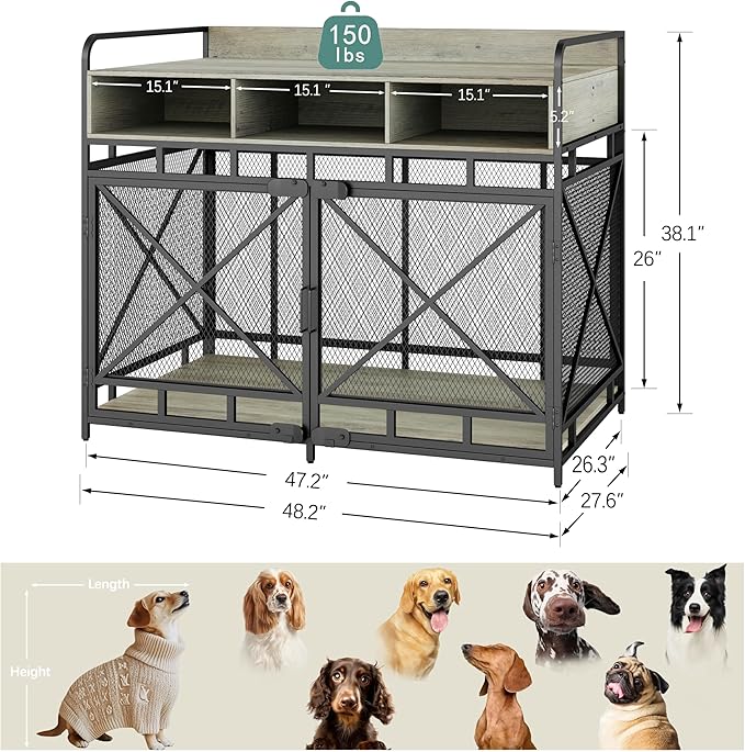 Dog Crate Furniture, 48" Heavy Duty Wooden Dog Crate End Table, XL Dog Kennel Furniture Large Breed, Decorative Dog Kennel Indoor with 3 Drawers & Steel Tubes 48" L x28 W x38 H (Grey)-PawvioPets