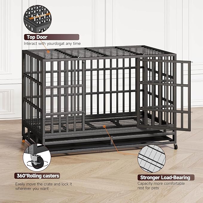 48 Inch Heavy Duty Indestructible Dog Crate Steel Escape Proof, High Anxiety Cage, Kennel with Wheels, Removable Tray, Extra Large XL XXL-PawvioPets