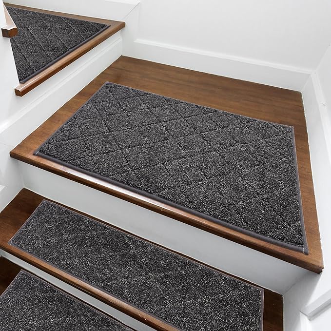 COSY HOMEER Edging Stair Treads Non-Slip Corner Indoor Stair Runners for Wooden Steps,Landing Slip Resistant Stair Rugs for Kids and Dogs, 100% Polyester TPE Backing,Black,20"X32"-PawvioPets