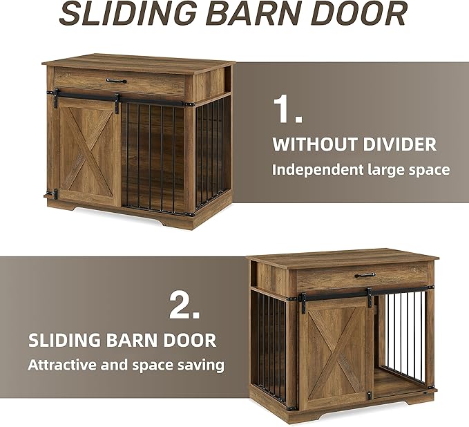 EDYO LIVING 38" Large Dog Crate Furniture with Sliding Barn Door, Wooden Dog Kennel with Drawer for Storage, Water Resistant Indoor Furniture Style Dog Crate for Small/Medium/Large Dog, Rustic Oak-PawvioPets