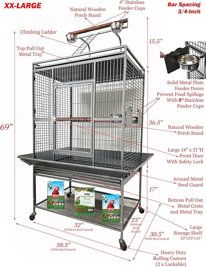 Extra Large Elegant and Durable Wrought Iron Climbing Ladder Perch Stand Play Top Ground Bird Parrot Metal Cage Around Seed Guard Storage Shelf with Heavy Duty Lockable Rolling Wheels-PawvioPets