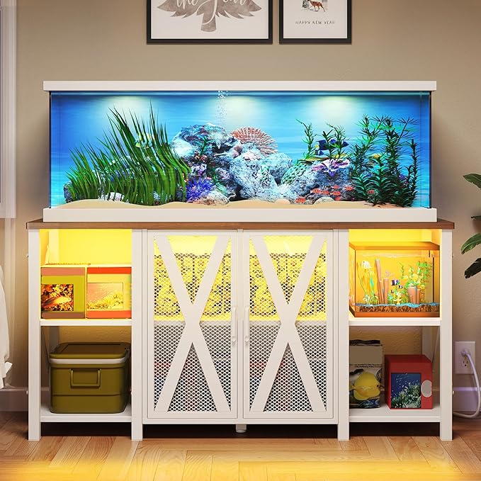 DWVO 75-120 Gallon Aquarium Stand with Power Outlet & LED Light, Cabinet for Accessories Storage - Heavy Duty Metal Fish Tank Stand Suitable for Turtle Tank, Reptile Terrarium, 2000LBS Capacity, White-PawvioPets