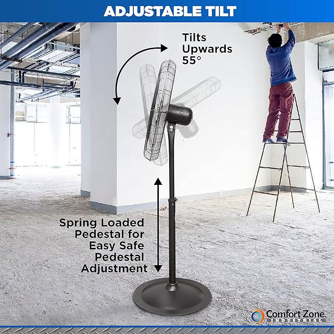 Comfort Zone Industrial Pedestal Fan, 30 inch, 3 Speed, High Velocity, Adjustable Height 56” to 76”, Metal, Meets OSHA Standards, Airflow 36 ft/sec, Ideal for Garage, Workshop or Warehouse, CZHVP30-PawvioPets