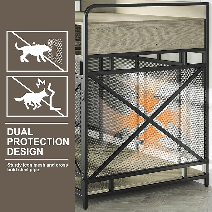 Dog Crate Furniture, 48" Heavy Duty Wooden Dog Crate End Table, XL Dog Kennel Furniture Large Breed, Decorative Dog Kennel Indoor with 3 Drawers & Steel Tubes 48" L x28 W x36 H (Grey)-PawvioPets