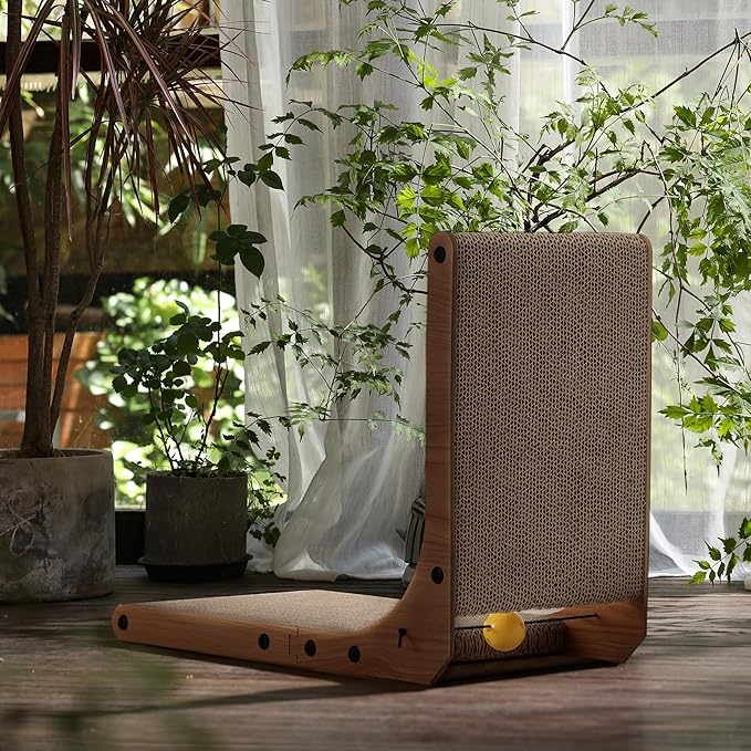 FUKUMARU Cat Scratcher, 18.9 Inch L Shape Cat Scratch Pad, Vertical Cat Scratcher Wall Mounted, Cat Scratching Cardboard with Ball Toy for Indoor Cats-PawvioPets