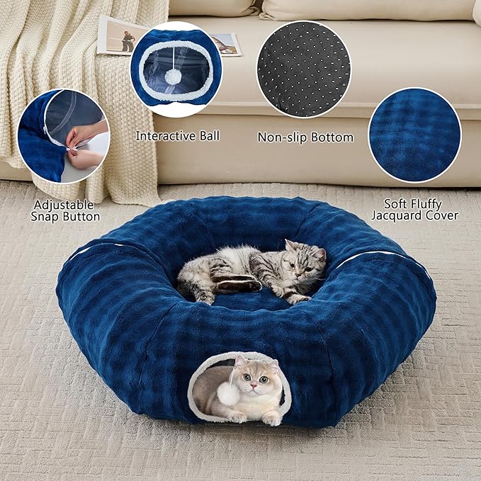 Bubble Cat Tunnel for Indoor Cats, Round Peekaboo Cave Toy with Dangling Balls, Donut Tunnel Bed with Circle Mat for Puppy Kitten Rabbit, Navy Blue-PawvioPets