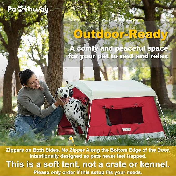 Dog Tent Cotton Fabric, Aluminum Poles and Camping Mat, Outdoor Weatherproof, Dog House Outdoor, Breathable with 2 Side Windows, Portable and Collapsible (Red, Large)-PawvioPets