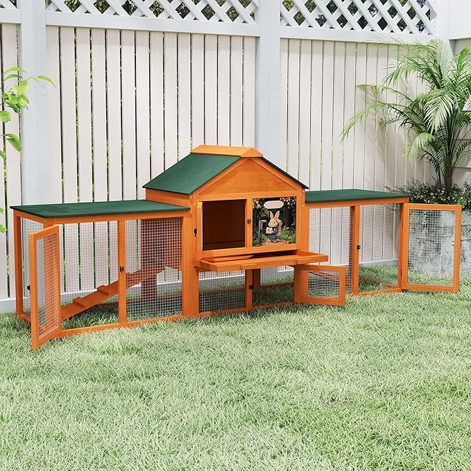 COZIWOW 82” Extra Large Fashion Wooden Outdoor Rabbit Hutch Bunny Cage Indoor Easy to Assemble and Durable with Cleaning Tray & Waterproof Roof for Small & Medium Bunny Rabbit Duck Chick (Orange)-PawvioPets