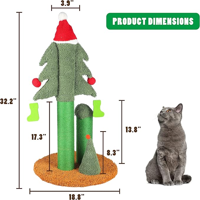 32” Cat Scratching Post, Tall Christmas Tree Cat Scratcher with 3 Posts and Cute Dangling Teaser Balls, Natural Sisal Rope Cat Toys for Kitty and Adult Cats-PawvioPets