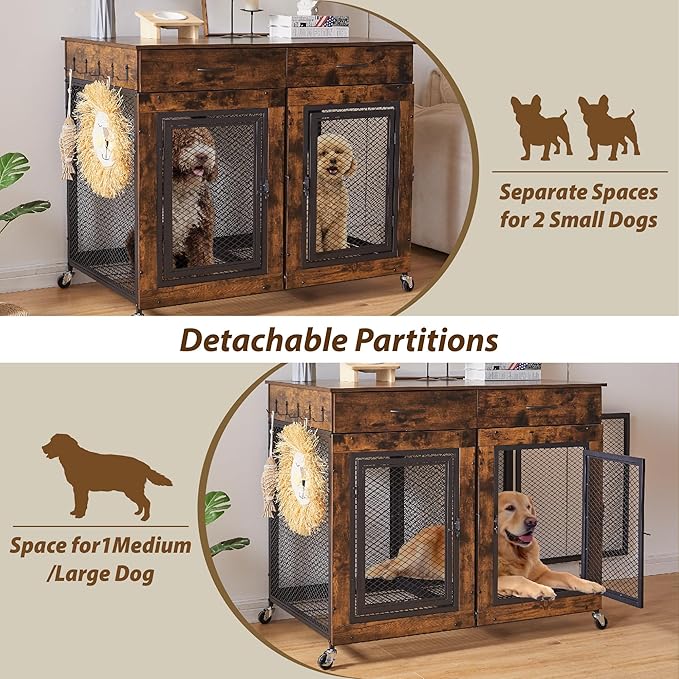 43" Large Dog Crate Furniture, Wood Dog Kennel End Table with Drawers, Decorative Pet Crate with Removable Partitions & Wheels, Dog House Indoor for Large/Medium/Small Dogs-PawvioPets