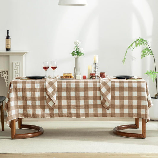 EVERLY 100% Yarn-Dyed Linen Rectangle Tablecloths 60x132Inches for Dining,Buffet Parties,Picnic,Events and Restaurants,Decorative Halloween,Thanksgiving Machine Washable Tablecloths-Brown Plaid