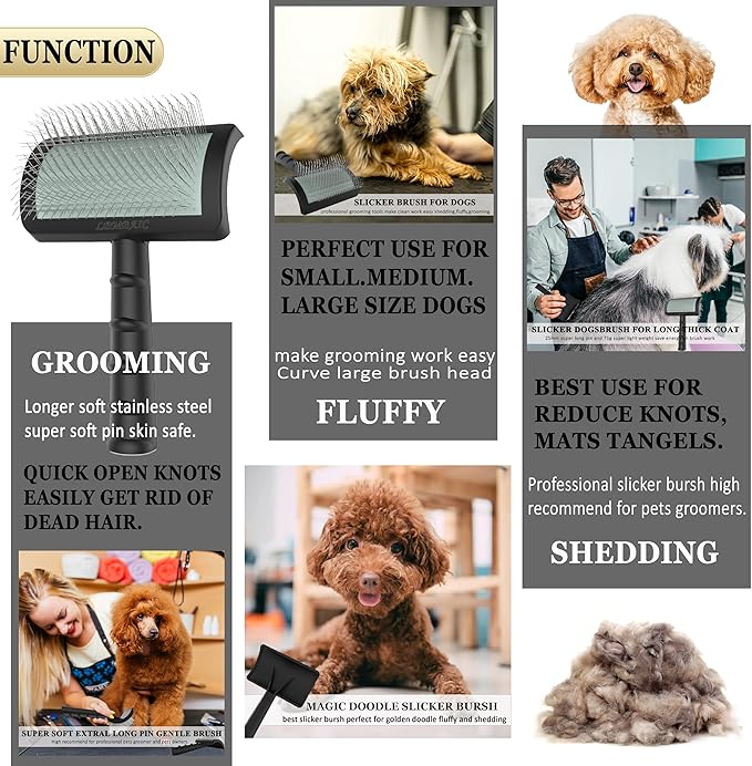 Dog Slicker Brush for Poodles,Doodles,Goldendoodles Grooming Fluffy Shedding Tangles Mats Knots Easy and Quick Best Dog Slicker Brush for Long Thick Curly Coat Labradoodles Dematting.25mm(1'')-PawvioPets