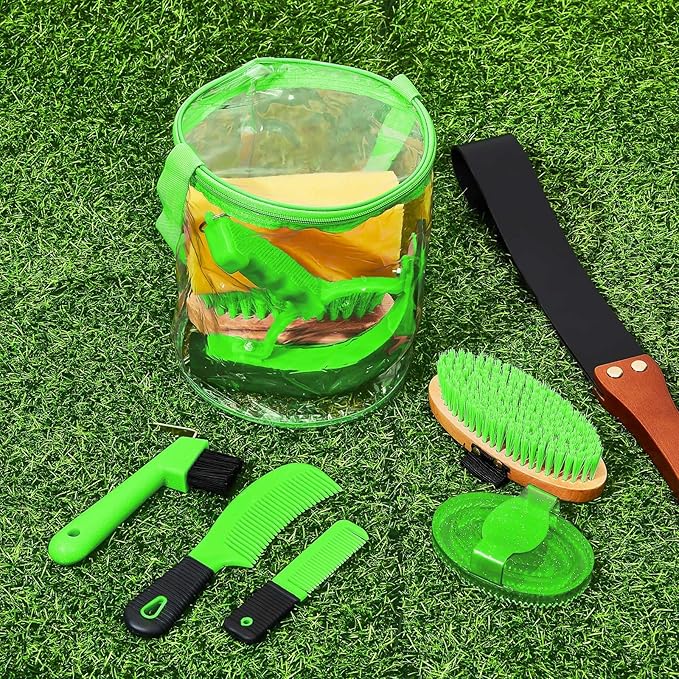 9 Pieces Horse Grooming Kit Tack Room Supplies Set with Organizer Tote Bag, Oval Massage Curry, Hard and Soft Brush, Hoof Pick, Sweat Scraper, Bathing Sponge, Combs for Horse Riders Beginners (Green)-PawvioPets