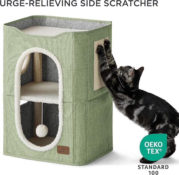 Bedsure 2 Story Cat House - Cat Condos for Indoor Cats with Scratch Pad and Fluffy Ball Hanging, Small Pet Cave Furniture Hideaway for Multi Pets, 18x14x23 inches, Green-PawvioPets