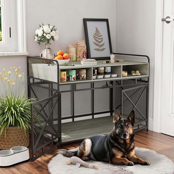 Dog Crate Furniture, 48" Heavy Duty Wooden Dog Crate End Table, XL Dog Kennel Furniture Large Breed, Decorative Dog Kennel Indoor with 3 Drawers & Steel Tubes 48" L x28 W x36 H (Grey)-PawvioPets