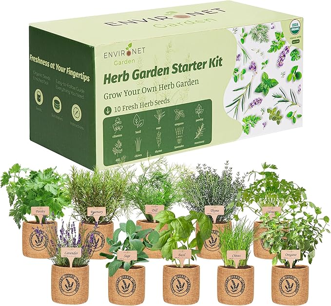 10 Indoor Herb Garden Kit- Burlap Pots, Organic Seeds, Herb Garden Planter Indoor Kit, Easy Window & Kitchen Herbs Growing Kit, Cilantro, Basil, Sage, Oregano, Parsley, Dill, Chives etc.-PawvioPets