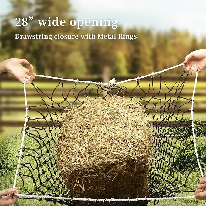 Bloomoak Slow Hay Net Feeder for Horses, Durable Soft Black PE 2/3 String Hay Bales Bags, Fit 36x18x18 to 47x25x17 Inches, Extends 50-64 Inches (2 1.6" Hole/1PC)-PawvioPets