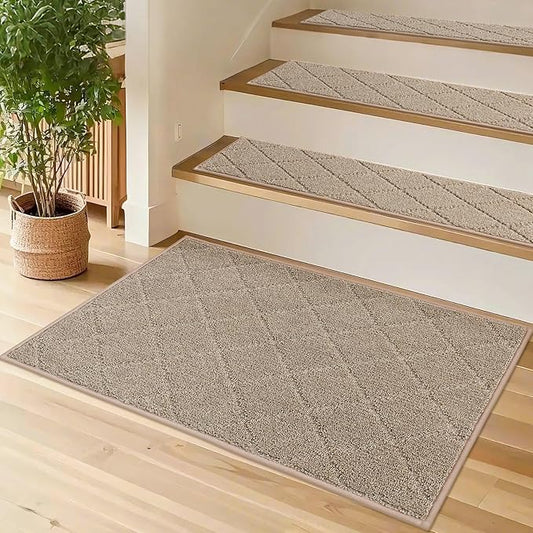 COSY HOMEER Edging Stair Treads Non-Slip Corner Indoor Stair Runners for Wooden Steps,Landing Slip Resistant Stair Rugs for Kids and Dogs, 100% Polyester TPE Backing,Beige,20"X32"-PawvioPets