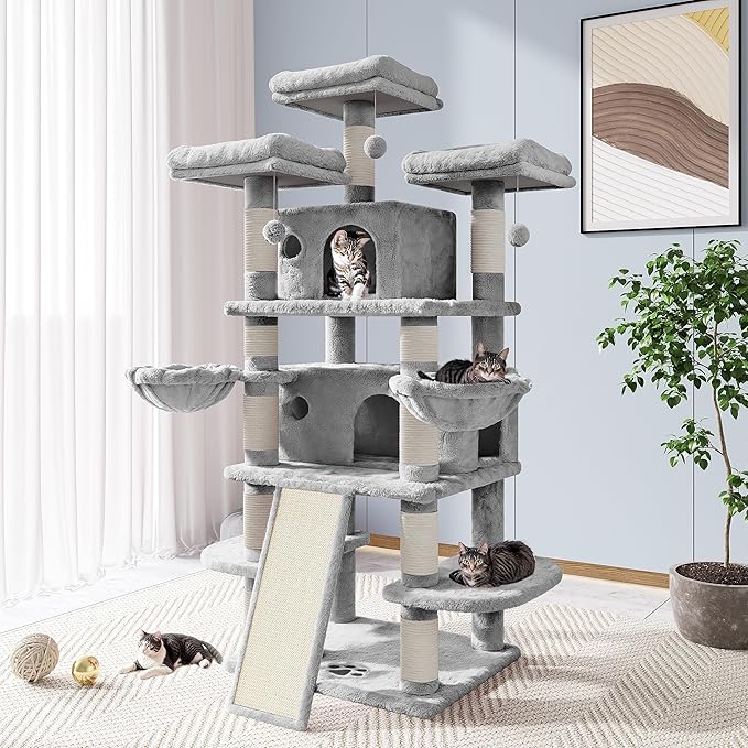 Allewie 68 Inches Cat Tree/House and Towers for Big Feline/Scratching Post/Multi-Level Large Kitty Climbing Tree with Condo/Light Grey-PawvioPets