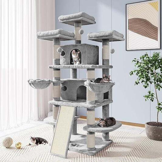 Allewie 68 Inches Cat Tree/House and Towers for Big Feline/Scratching Post/Multi-Level Large Kitty Climbing Tree with Condo/Light Grey-PawvioPets