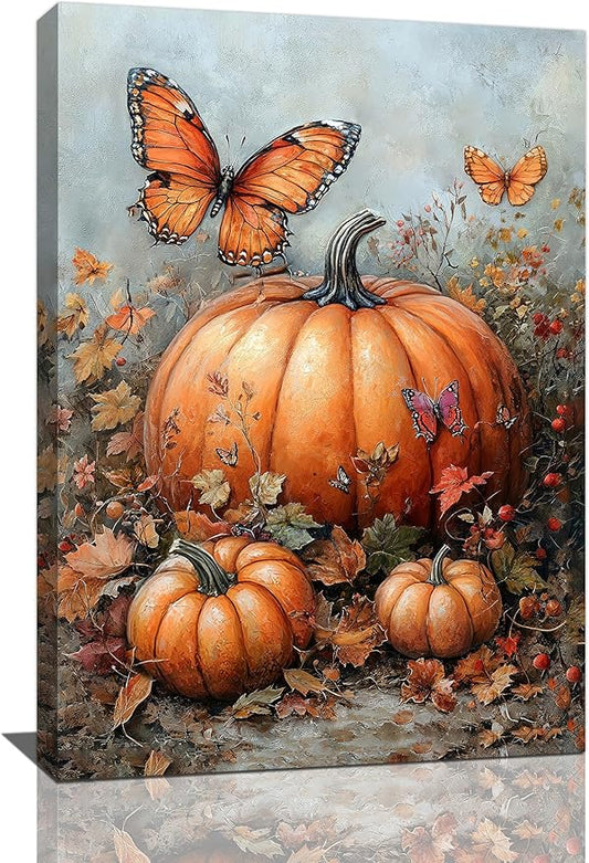 Fall Pumpkin Pictures Wall Art, Rustic Thanksgiving Bathroom Wall Decor, Farmhouse Autumn Butterfly Framed Painting Canvas Artwork for Harvest Gift Bedroom Living Room Decorations 24"L x 16"W-PawvioPets