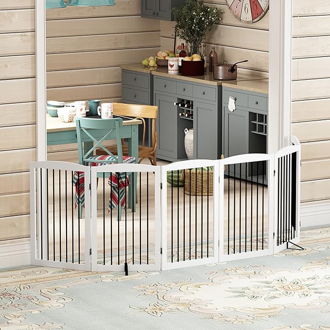 Freestanding Pet Gate for Dogs, Indoor Wooden Foldable Dog Gate for House, Extra Wide, Pet Fence for Stairs, Doorways, Halls, Support Feet Included, 120 Inch Wide, 6 Panels 32",White-PawvioPets