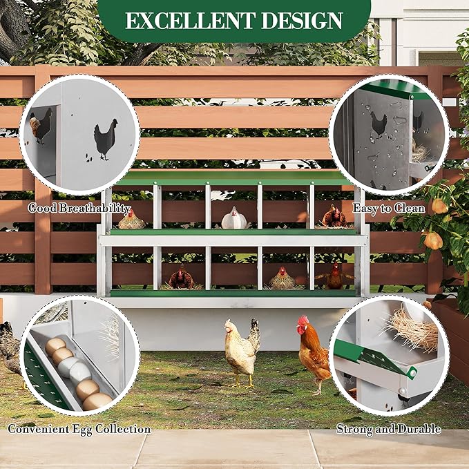 10 Hole Chicken Nesting Box with Roll Out Egg Tray, Rustproof & Ventilated Chicken Laying Boxes for Hens, Chickens, Ducks | Easy-Clean Poultry Coop Accessories, Green with Stand-PawvioPets