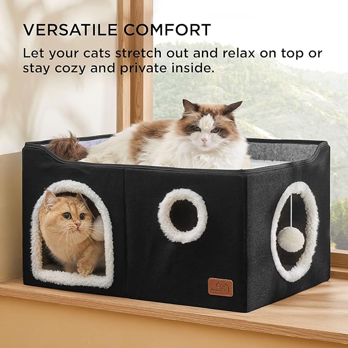 Bedsure Large Cat Beds for Indoor Cats - Extra Wide Cat Cube House for Small Pet with Fluffy Ball Hanging and Scratch Pad, Foldable Pet Cave Hideaway for Multiple Cats, 23.6x16.9x13 inches, Black-PawvioPets