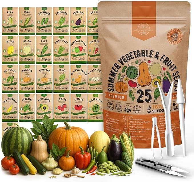 25 Summer Vegetable & Fruit Seeds Variety Pack - 1,870+ Non-GMO Heirloom Veggie & Fruits Seeds for Outdoors and Indoor Home Gardening, Including Collards, Tomato, Pepper, Okra, Onion, Bean, Cucumber-PawvioPets