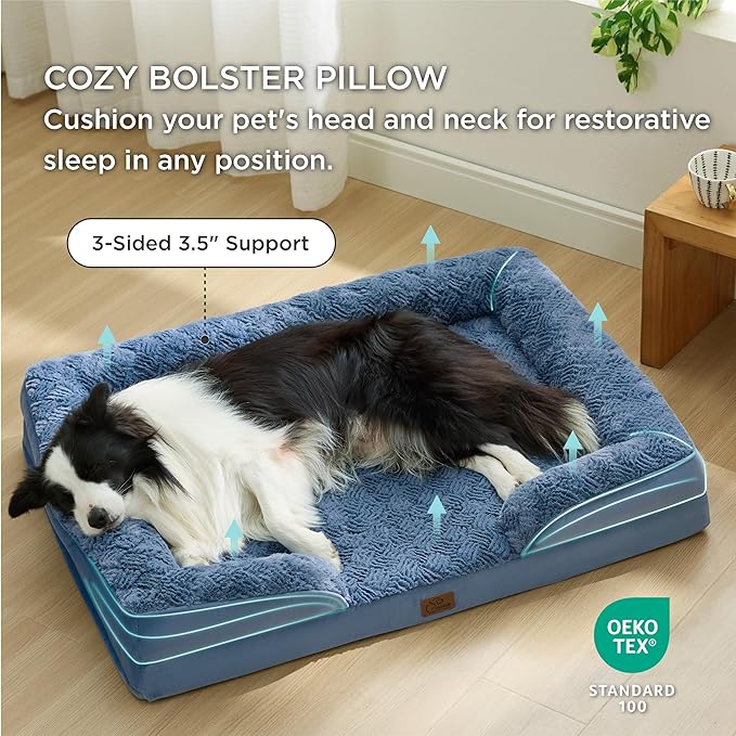 Bedsure Orthopedic Dog Beds Large Sized Dog - Washable Large Dog Cat Bed Waterproof, Comfort Dogs Couch Sofa with Washable Removable Cover, Pet Bed with Nonskid Bottom, Plush-Blue, 35"-PawvioPets
