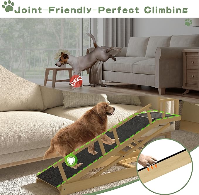 6 Level Height Adjustable Dog Ramp for Bed, Couch 65" Foldable Pet Ramp with Non-Slip Mat，DIY Glow Strips & Rest Platform Heavy Duty Dog Stairs for Large Dogs up to 200Lbs ，Wood Color-PawvioPets