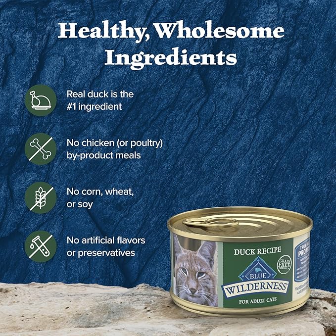 Blue Buffalo Wilderness Natural High-Protein Grain-Free Wet Food for Adult Cats, Duck Paté, 3-oz. Cans, 24 Count-PawvioPets