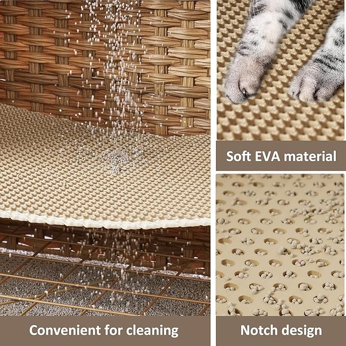 Cat Litter Box Enclosure with Soft Litter Mat; Hidden Cat Washroom Furniture with Door; Handwoven Rattan Kitten House with Large Space; Pet Crate for Living Room, Bedroom, Balcony (Natural)-PawvioPets