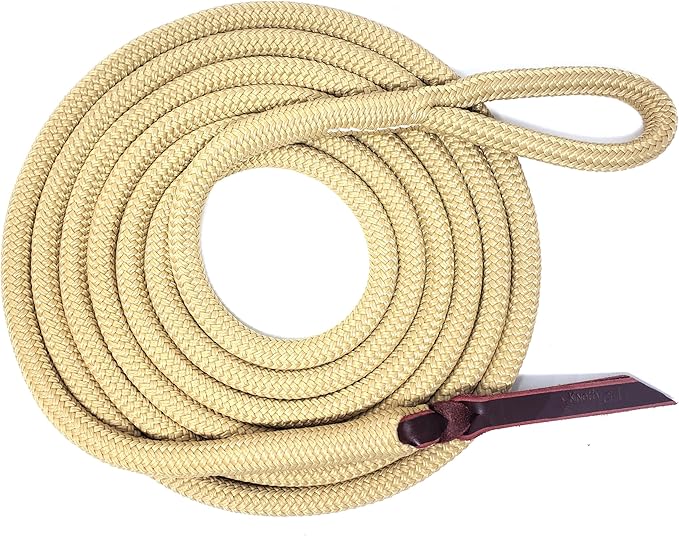 Double Braid Polyester Yacht Horse Lead Rope with Loop 12ft. or 14ft. Lengths (Beige, 14 ft. No Snap)-PawvioPets