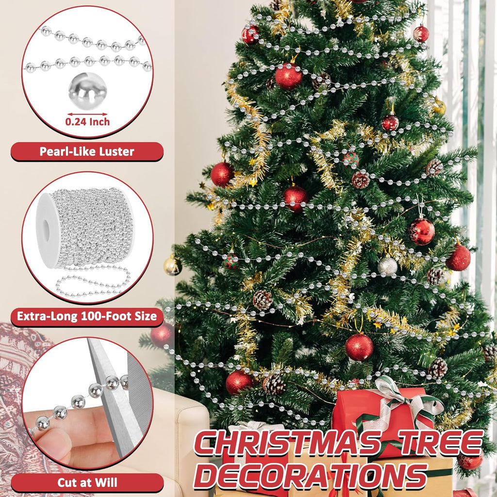 100 Feet Silver Christmas Tree Decor, Christmas Tree Garland Beads, Xmas Beads Chain Decorations Artificial Pearl Garland for DIY Xmas Fireplace Home Party Decor