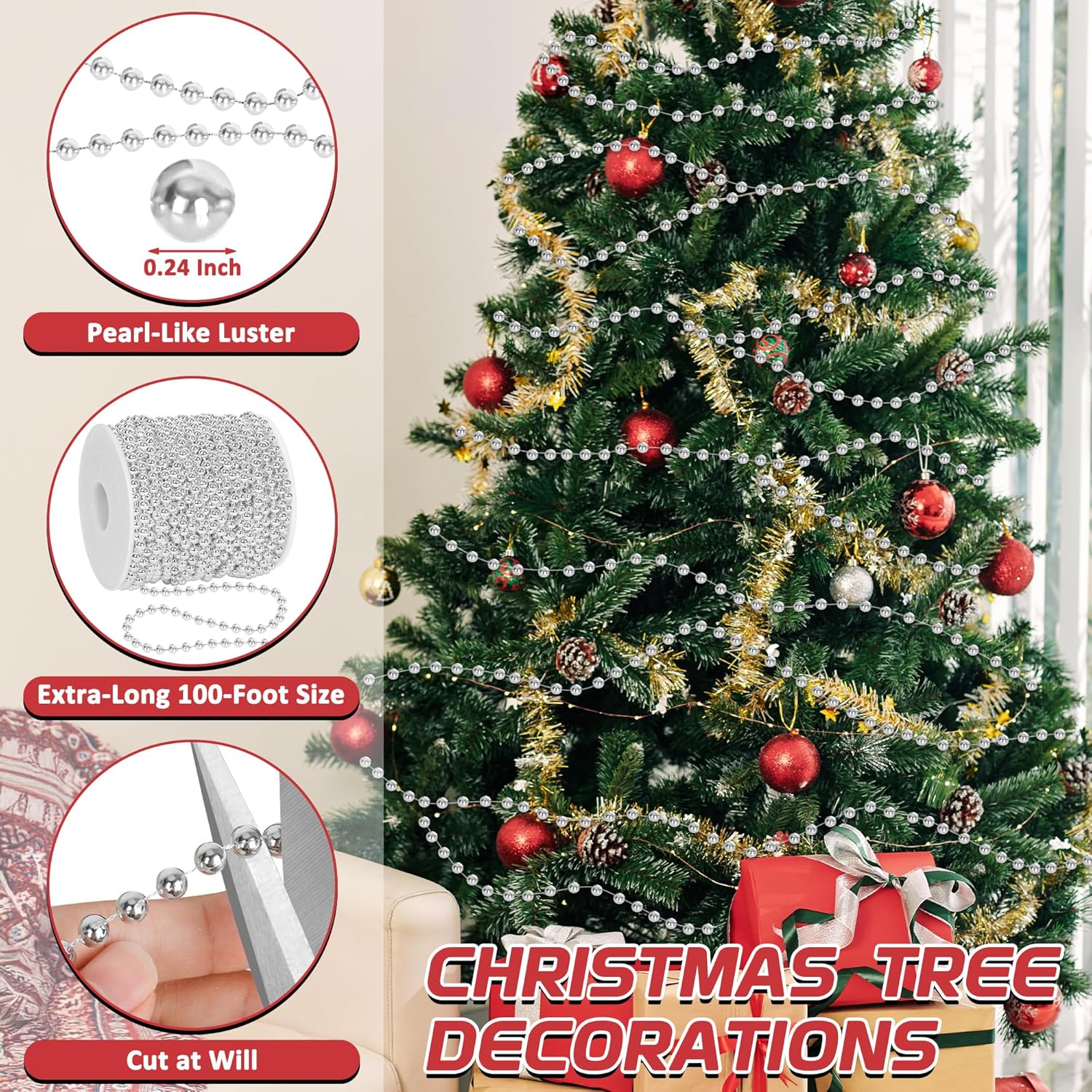 100 Feet Silver Christmas Tree Decor, Christmas Tree Garland Beads, Xmas Beads Chain Decorations Artificial Pearl Garland for DIY Xmas Fireplace Home Party Decor