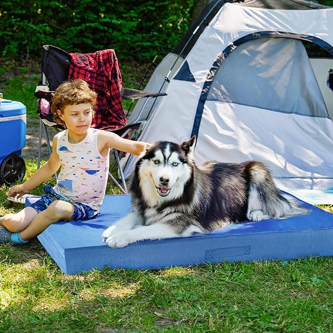 FurHaven Cooling Dog Bed – XXL Foam Mattress for Joint Pain Relief, Waterproof Liner, Removable Washable Cover, Durable for Outdoor Use, Deluxe Grid Indoor/Outdoor Bed – Blue, Jumbo Plus-PawvioPets