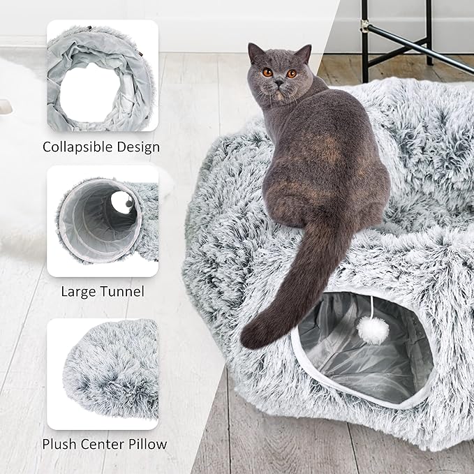 Cat Donut Bed with Washable Cushion – Cat Caves for Indoor Cats – Collapsible Donut Bed with Peekaboo Pet Tunnel & Tunnel Toy – Cozy Hideout for Kittens, Ferrets, Rabbits & Dogs – Grey-PawvioPets