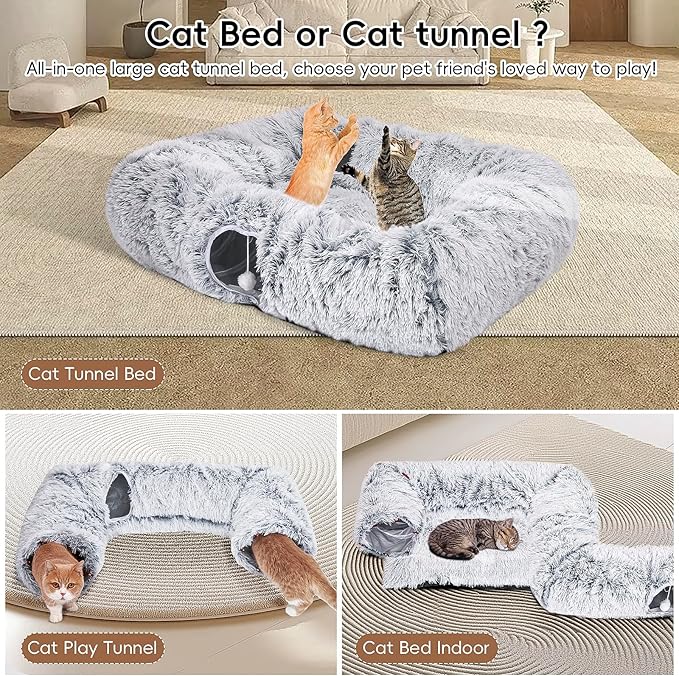 Extra Large Cat Tunnel Bed, 4 Ways Tunnels for Indoor Cats, Multi-cat Family Peekaboo Cave & Cat Bed, Plush Cat Donut with Washable Middle Mat, Exit Balls, Pet Play Toy for Kitten Puppy Rabbit-PawvioPets