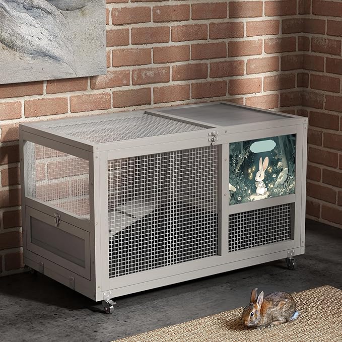 COZIWOW Fashionable Wood 36In Rabbit Hutch Indoor on Wheels Bunny Cage Outdoor Rabbit Cage with Clean Tray, Openable Roof, Anti-Slip Ramp for Small Bunny Rabbit (Grey with Pattern)-PawvioPets