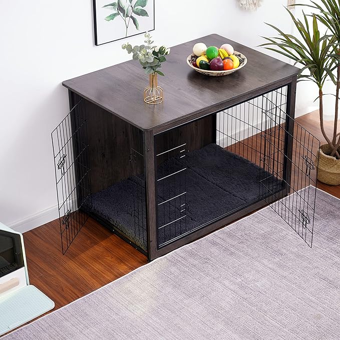 DWANTON Dog Crate Furniture with Cushion, Wooden Kennel Table with Double Doors, Indoor Dog House, Extra Large Size, 43.3" L, Dark Gray-PawvioPets
