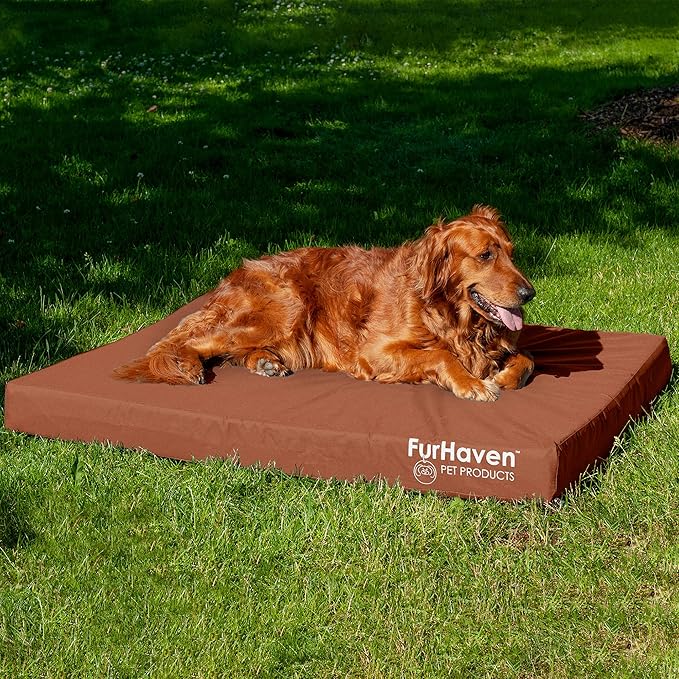 Furhaven Water-Resistant Cooling Gel Dog Bed for Large Dogs w/ Removable Washable Cover, For Dogs Up to 95 lbs - Indoor/Outdoor Logo Print Oxford Polycanvas Mattress - Chestnut, Jumbo/XL-PawvioPets