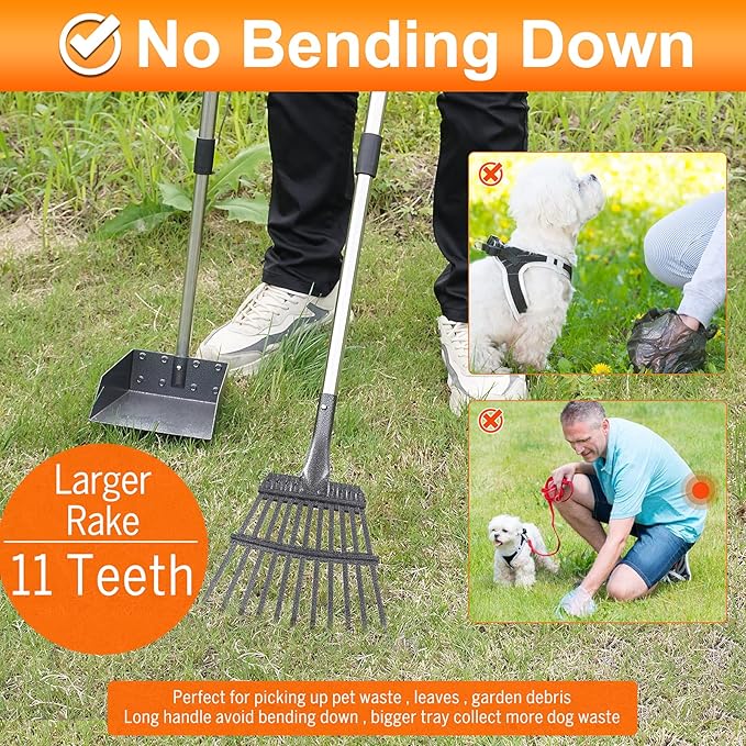 Dog Pooper Scooper, Adjustable Handle Poop Scooper with Tray,Rake and Spade Set of 3, Steel Stainless Poop Scoop for Medium Large Dogs and Pet Waste on Grass, Dirt and Gravel (Large Size)-PawvioPets