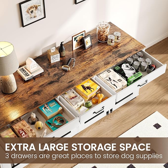 71 Inch Dog Crate Furniture for 2 Rooms, Wooden Double Crate Large Breed with Door, Dog Kennel Indoor, TV Stand End Table with Divider for Large Medium Dogs,White/Brown-PawvioPets