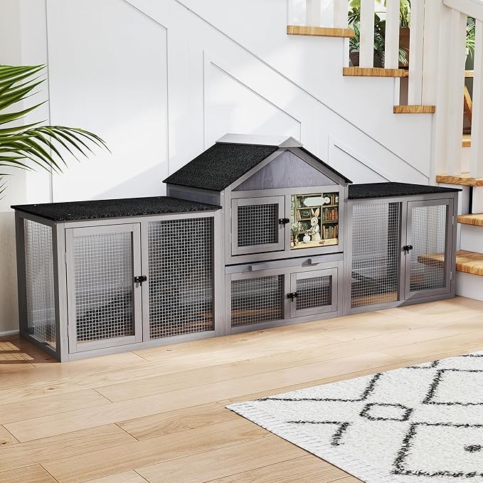 COZIWOW 82inches Extra Large Wood Rabbit Hutch Outdoor Easy to Assemble and Stable Bunny Cage Indoor with Cleaning Tray & Waterproof Roof for Small and Medium Bunny Rabbit Chick (Grey)-PawvioPets