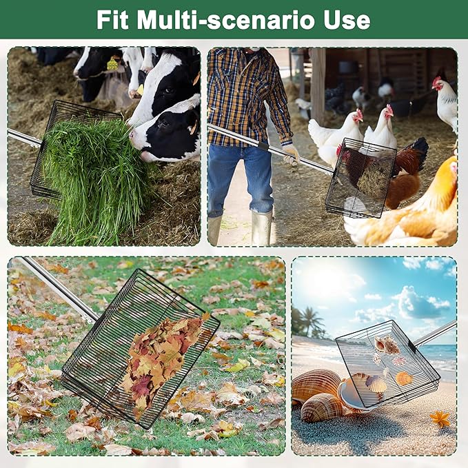 15-inch Large Chicken Poop Scooper, 5 in 1 Adjustable Chicken Coop Scoop with Ergonomic Grip, 24" to 77" Long Stainless Steel Sifting Litter Shovel Pooper Scooper Chicken Coop Accessories-PawvioPets