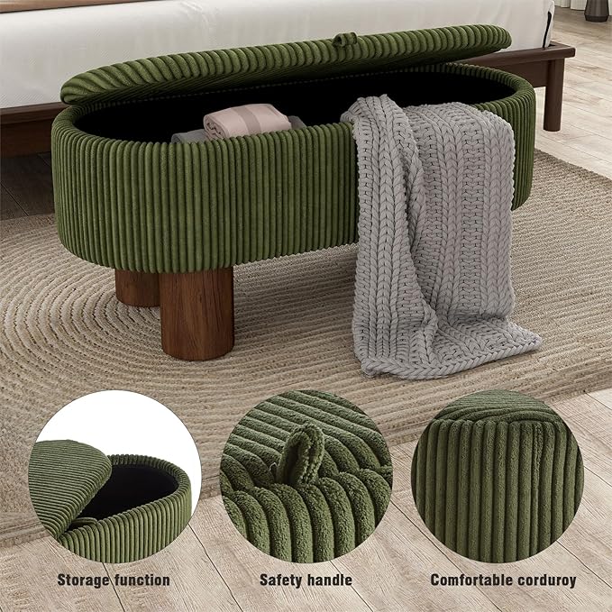 Bench with Storage 43 inch, Upholstered Corduroy Farbic Green Oval Footrest with Hidden Storage, Stool Modern Design Legs for Bedroom, Living Room, and Entryway Furniture Ottoman-PawvioPets